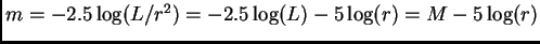 $ m=-2.5\log(L/r^2)=-2.5\log(L)-5\log(r)=M-5\log(r)$